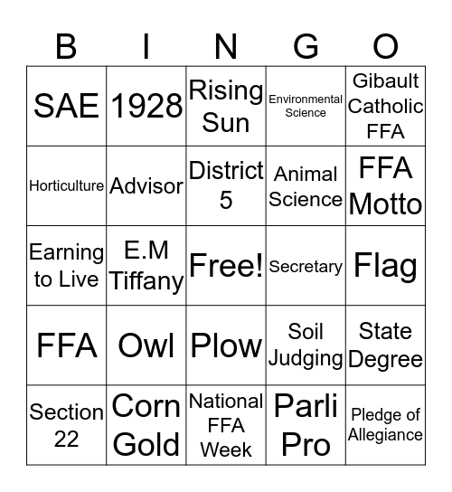 FFA Bingo Card