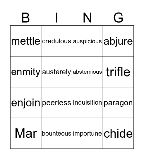 Tempest Vocab Bingo Card