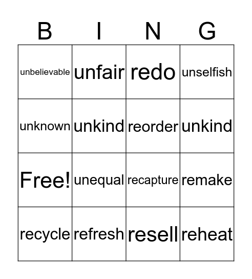 Re and Un Bingo Card