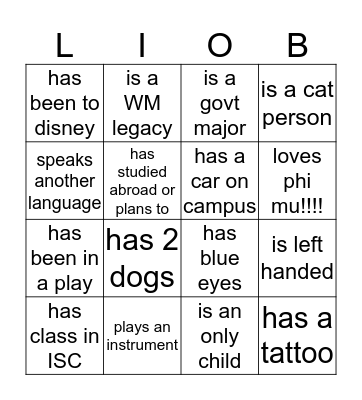 Sisterhood Bingo Card