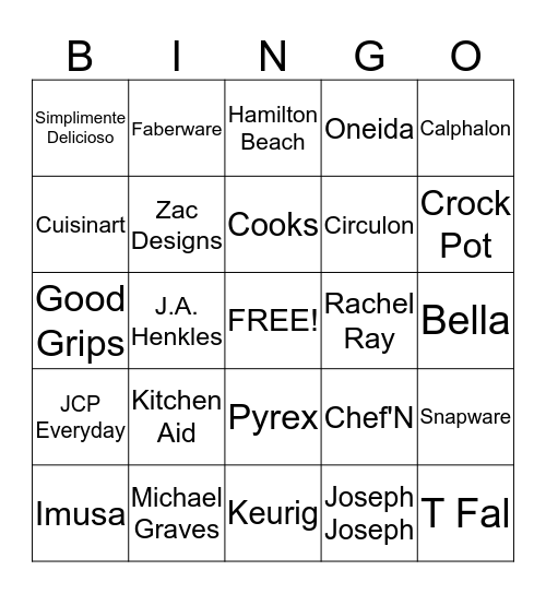 Cookware Bakeware Bingo Card