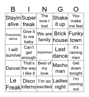 Disco  Bingo Card