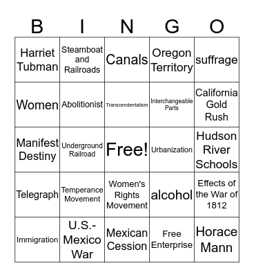 STAAR study sheet--Westward Expansion thru Reform Bingo Card
