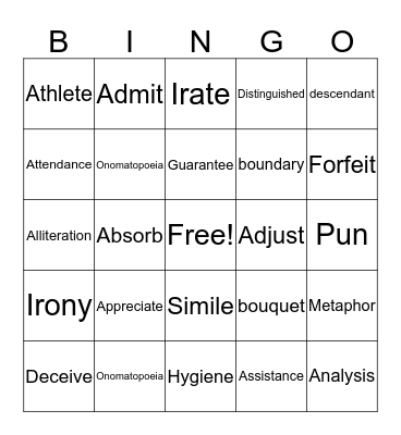 Vocabulary Bingo Bingo Card