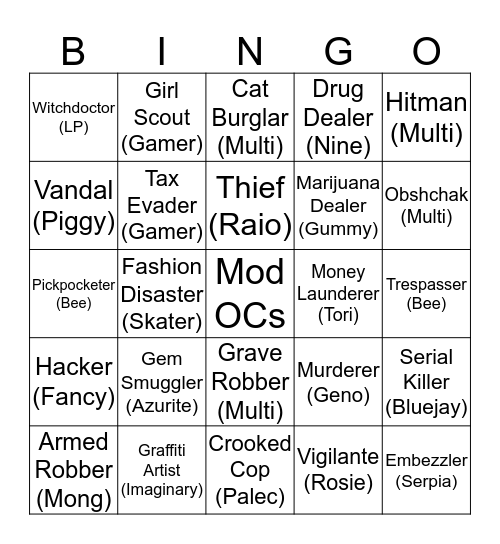 Crime Time Bingo Card
