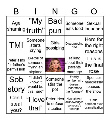 Bachelor Bingo HOMETOWN EDITION Bingo Card