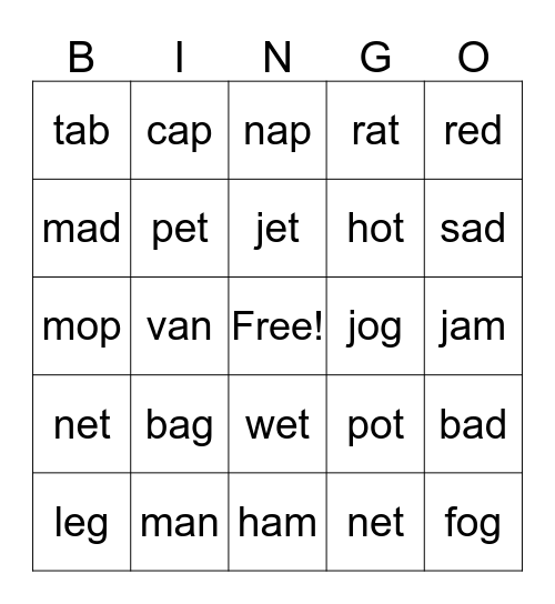 CVC Words Bingo Card