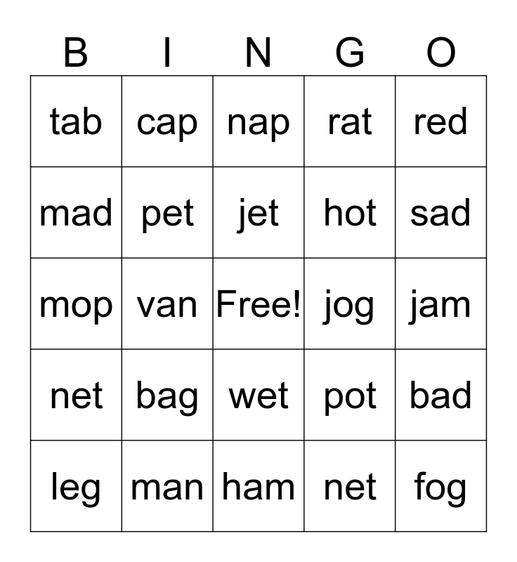 Cvc Word Bingo Printable Free