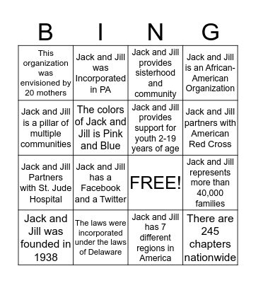 Jack and Jill East St. Louis Chapter Bingo Card