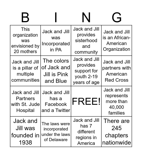 Jack and Jill East St. Louis Chapter Bingo Card