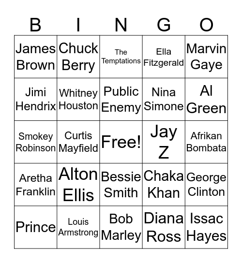 Classic Black Artist Bingo Card