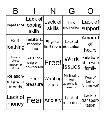 Internal & External Obstacles Bingo Card