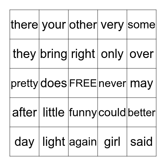 High - Frequency Words Bingo Card