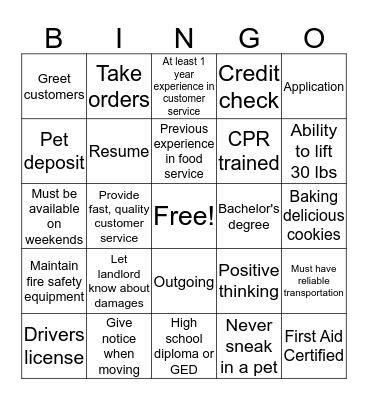 Requirements & Responsibilities Bingo Card