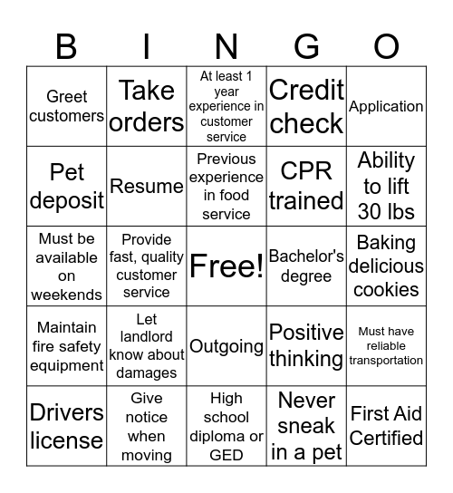 Requirements & Responsibilities Bingo Card