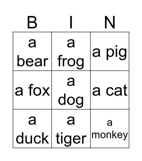 Animals Bingo Card