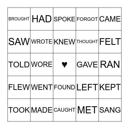 Irregular verbs BINGO Card