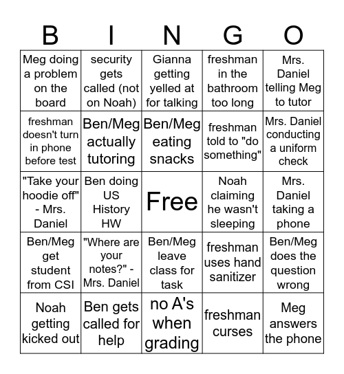 5th Period MTI Bingo Card