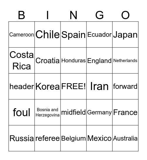 World Cup Bingo Card