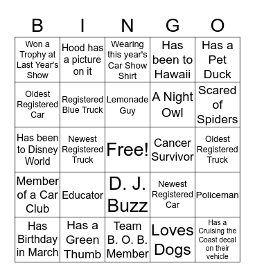 Cruising For A Cure Car Show Bingo Card