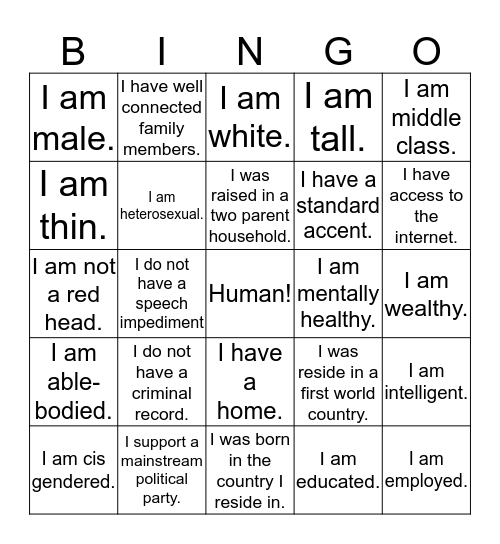 Privilege Bingo Card