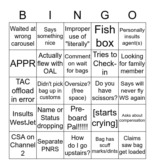 Baggage Bingo Card