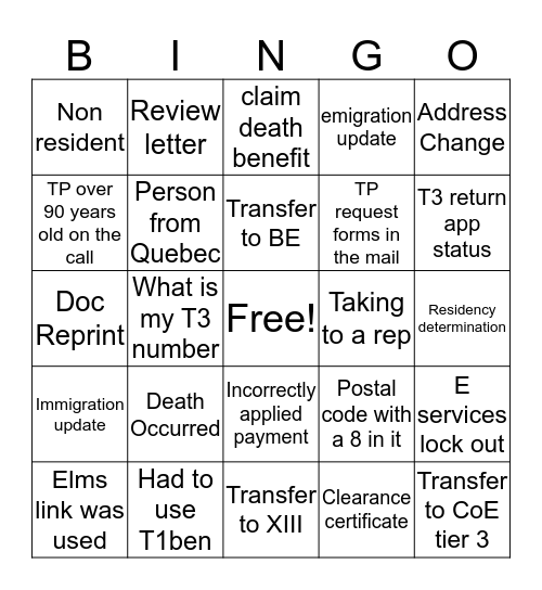 TAXES Bingo Card