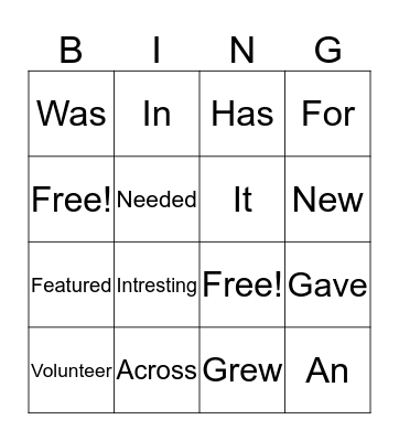 English Bingo Card