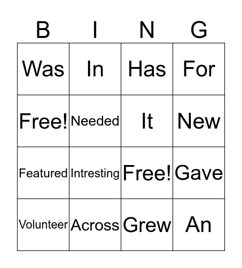 English Bingo Card
