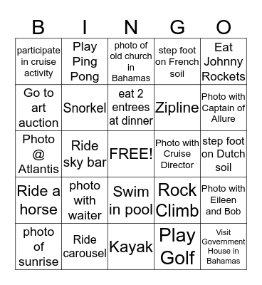 Greco Family Vacation Bingo Card