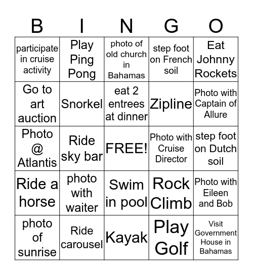 Greco Family Vacation Bingo Card