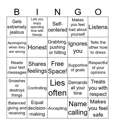 Healthy/Unhealthy Relationships Bingo Card