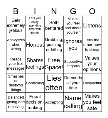 Healthy/Unhealthy Relationships Bingo Card