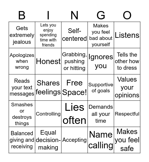 Healthy/Unhealthy Relationships Bingo Card