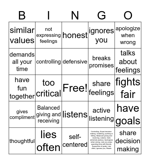 Healthy/ Unhealthy Relationships Bingo Card