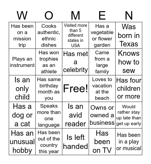 Fondren SDA - Women's Social Bingo Card