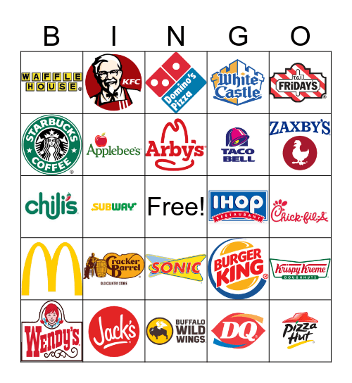 Road Trip Restaurant Bingo Card