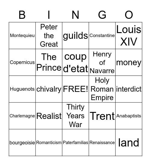 Western Civ BINGO Card