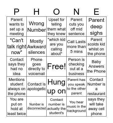 Phone Log Bingo Card