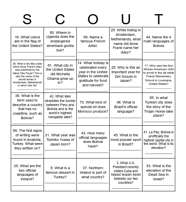 Thinking Day 2020 Bingo Card