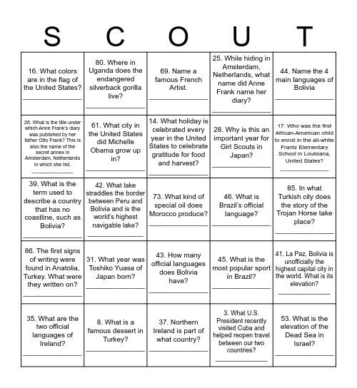 Thinking Day 2020 Bingo Card