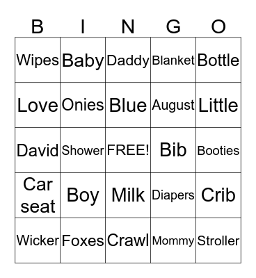 Axton's Baby Shower Bingo Card