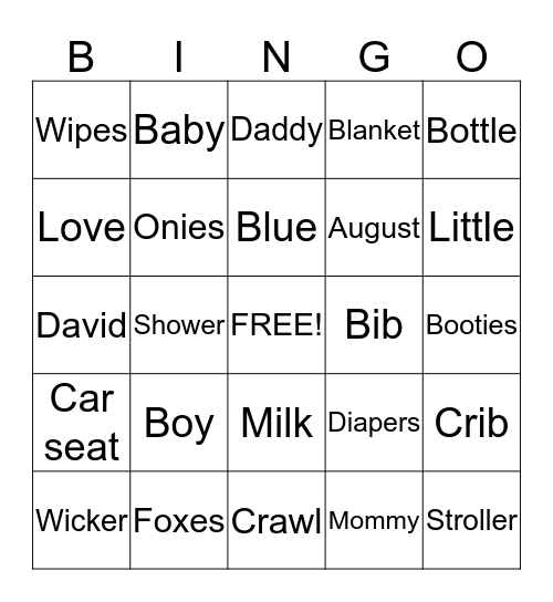 Axton's Baby Shower Bingo Card