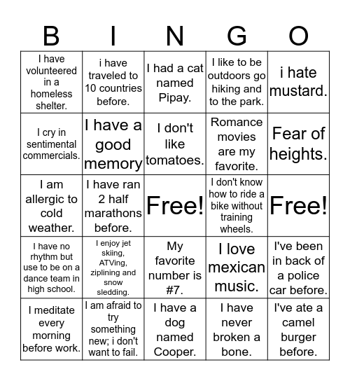 Lily's Team Bingo Card