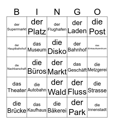 German 2, Unit 5 - die Orte - places Bingo Card