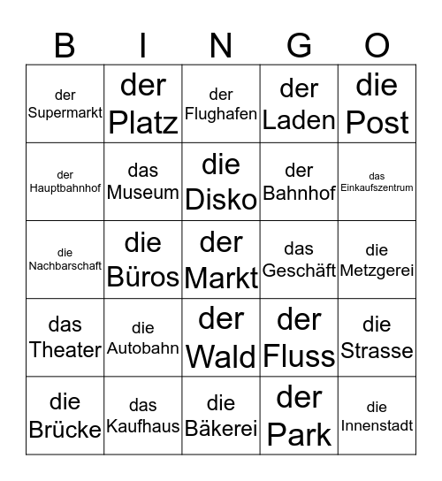 German 2, Unit 5 - die Orte - places Bingo Card