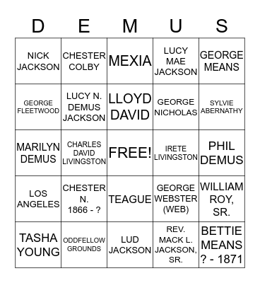 2014 DEMUS FAMILY REUNION (DDA) Bingo Card