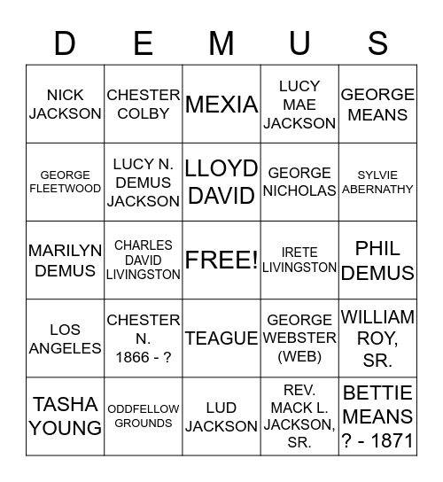 2014 DEMUS FAMILY REUNION (DDA) Bingo Card