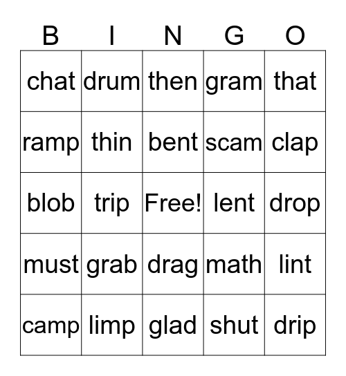 CVCC & CCVC Words Bingo Card