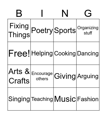 Identiifying Your Gifts & Talents  Bingo Card